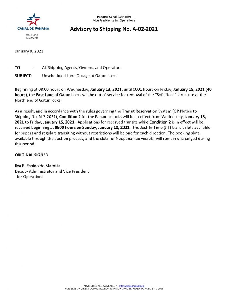 ADV02-2021 Unscheduled Lane Outage at Gatun Locks